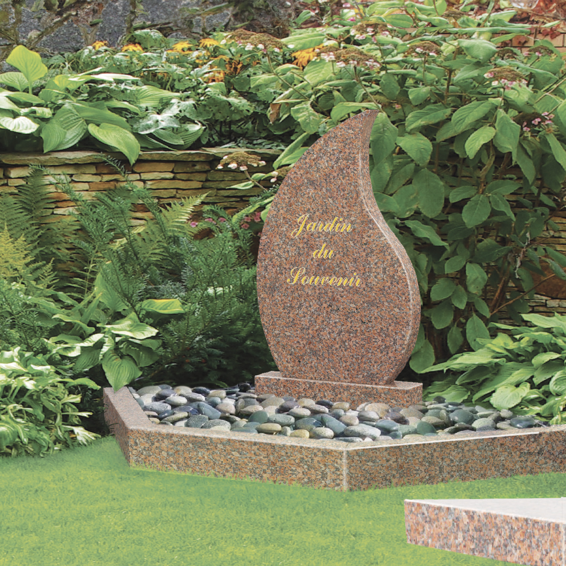 Stèle marquée 'Jardin du Souvenir' entourée de verdure.